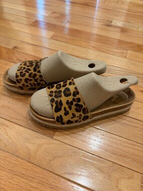 Yokono Calf Hair Leather Leopard Slip On Sandal Slides Jute Trim